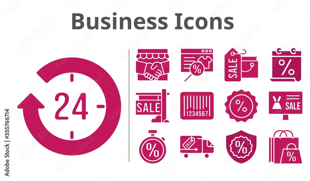 business icons set. included calendar, shopping bag, handshake, online shop, 24-hours, sale, warranty, discount, delivery truck, barcode, stopwatch icons. filled styles.