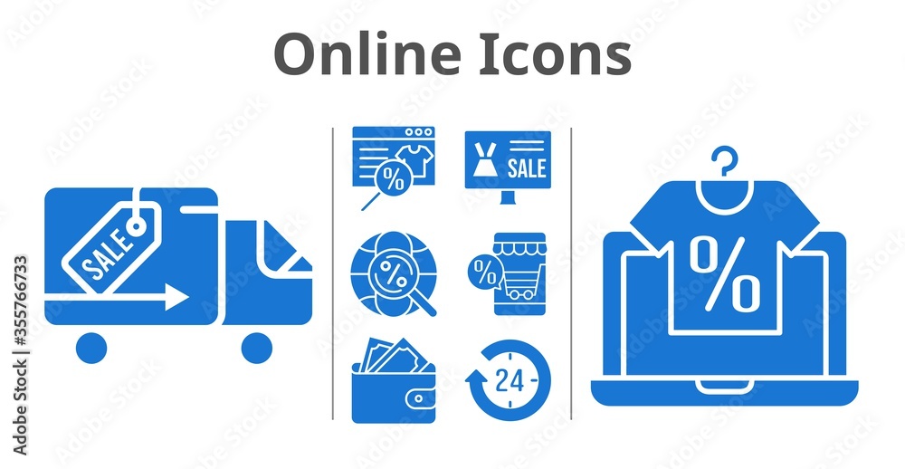 online icons set. included online shop, 24-hours, wallet, delivery truck, internet icons. filled styles. online icons set. included online shop, 24-hours, wallet, delivery truck, internet icons. filled styles.