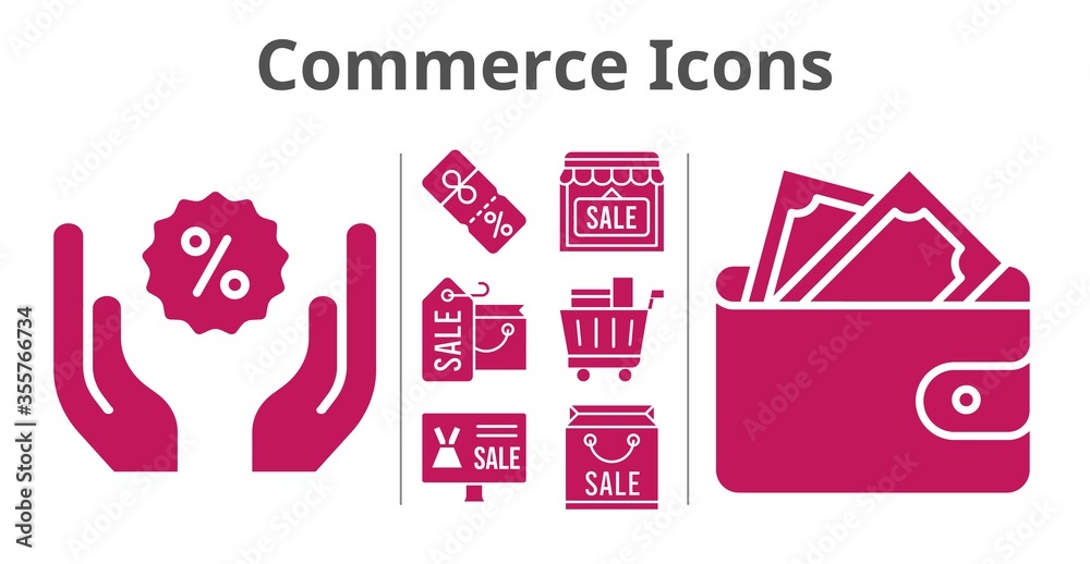 commerce icons set. included shopping bag, online shop, shop, wallet, shopping cart, discount icons. filled styles. commerce icons set. included shopping bag, online shop, shop, wallet, shopping cart, discount icons. filled styles.