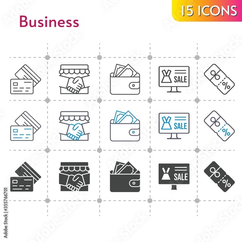 business icon set. included handshake, online shop, wallet, discount, credit card icons on white background. linear, bicolor, filled styles.