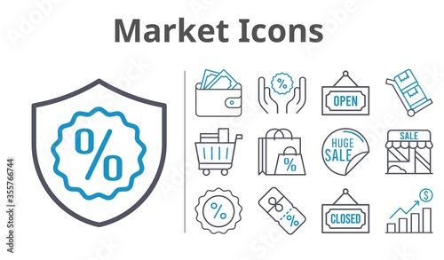 market icons set. included profits, shopping bag, sale, wallet, shop, shopping cart, discount, closed, warranty, open, trolley icons. bicolor styles.