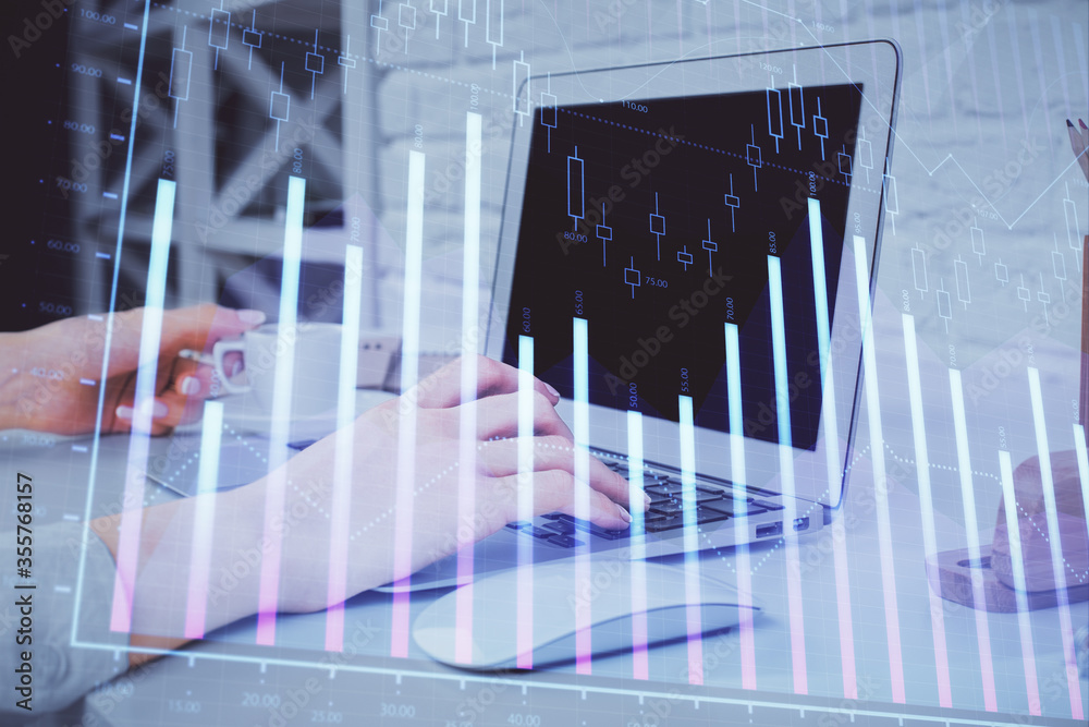 Double exposure of woman hands typing on computer and business theme hologram drawing. Success concept. Double exposure of woman hands typing on computer and business theme hologram drawing. Success concept.