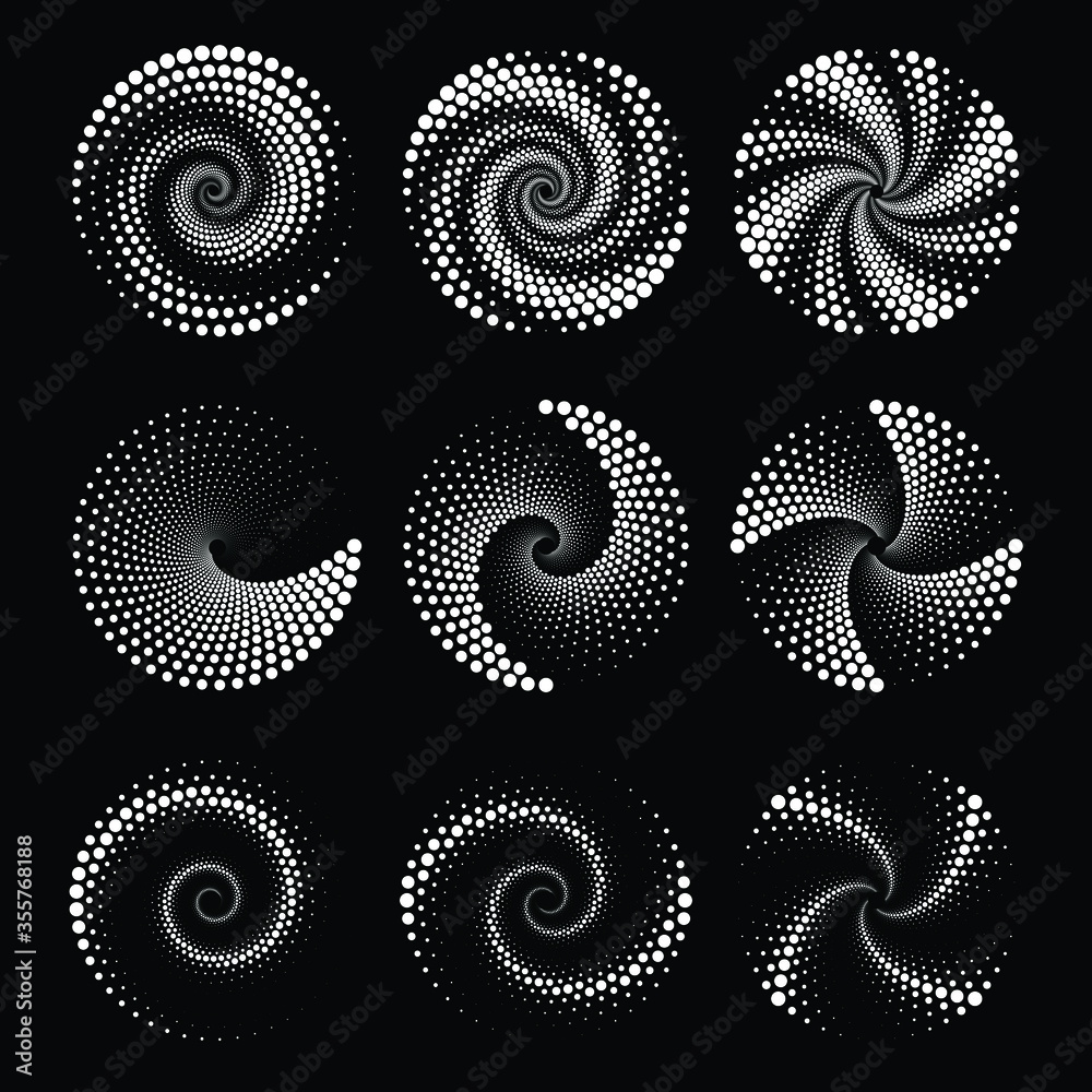 Set of white dotted lines. Halftone dots. Spiral form. Geometric art