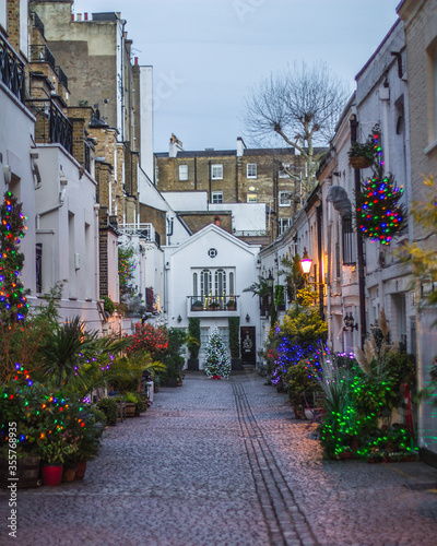 Cute old English street covered with flowers