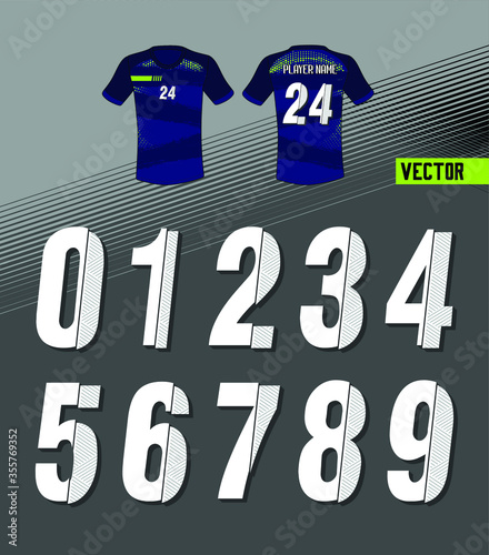Sport Jersey shirt number/ Uniform numbers in white with a white outside contour line  on white gray for American football, Baseball and Basketball or soccer for shirt