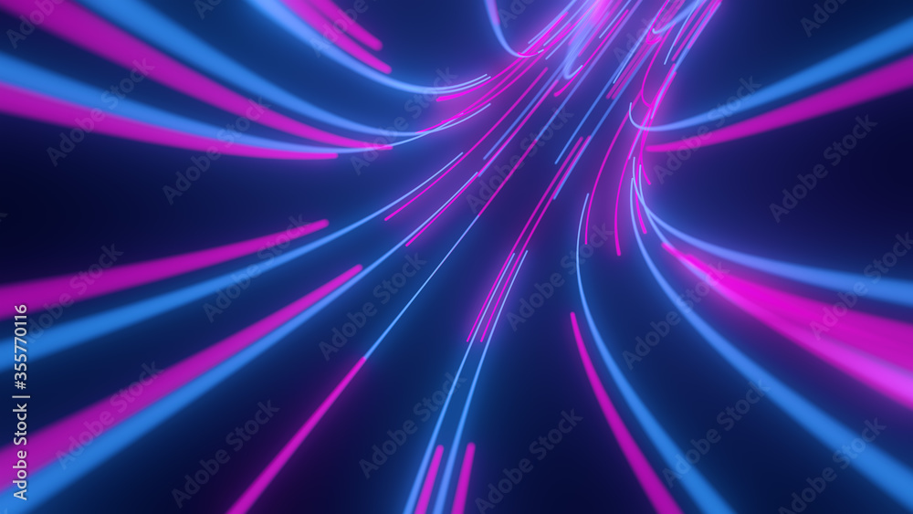 Violet, blue, pink abstract radial lines geometric black background. Glow effect. Retro neon colors. Colorful backdrop. Neon lights. 3d render