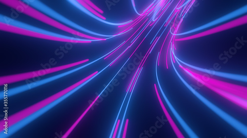 Violet, blue, pink abstract radial lines geometric black background. Glow effect. Retro neon colors. Colorful backdrop. Neon lights. 3d render