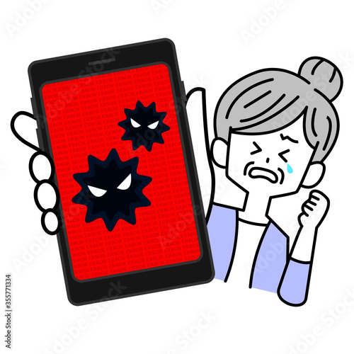 スマホがウイルスに侵食されて怯える女性