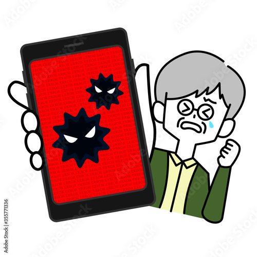 スマホがウイルスに侵食されて怯える男性