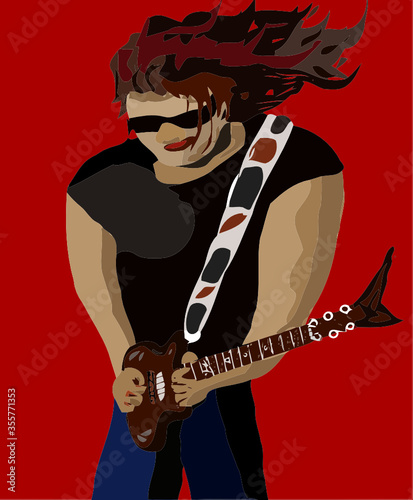 Músico Rockero Rock Metal Guitarrista con gafas lentes Guitarra y pelo cabello largo con fondo rojo