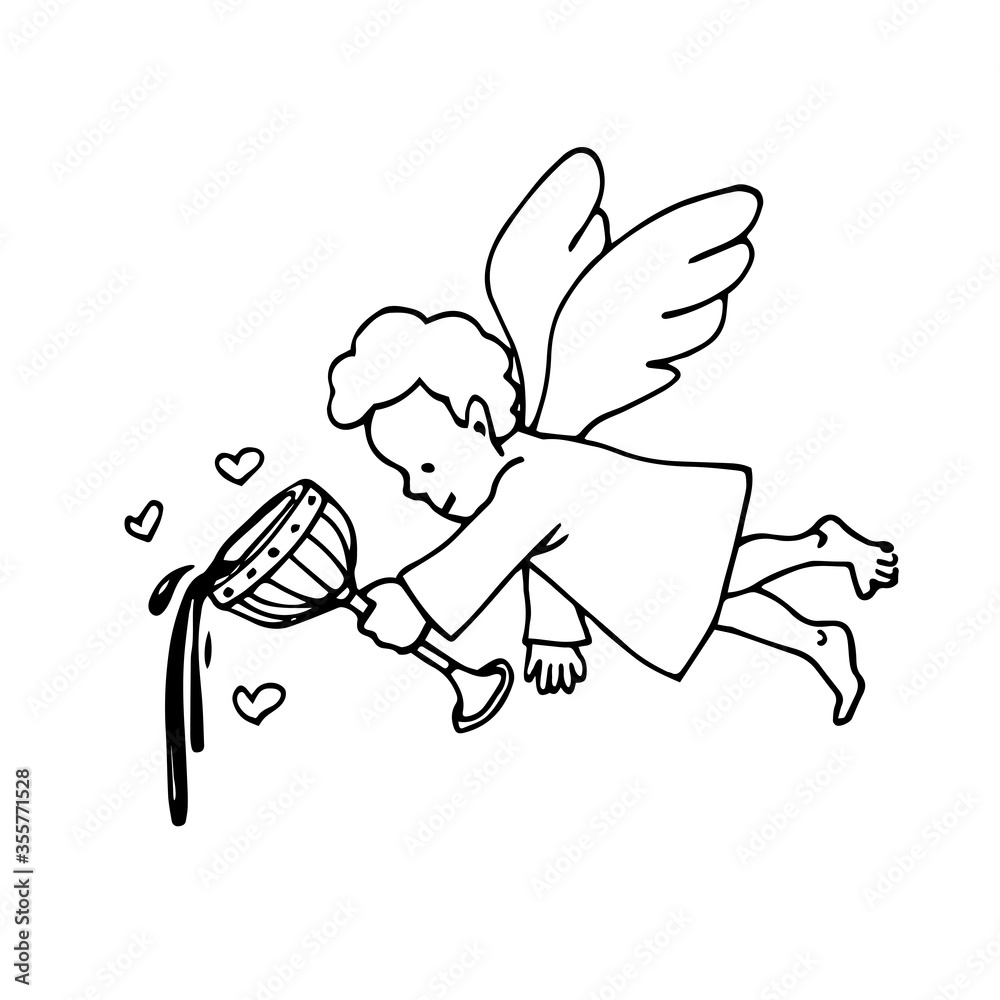 Cupid boy with cup of a love potion, god of love, Valentine's day decoration, vector illustration with black contour lines in doodle and hand drawn style Cupid boy with cup of a love potion, god of love, Valentine's day decoration, vector illustration with black contour lines in doodle and hand drawn style