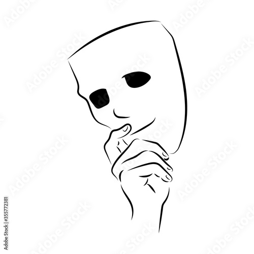 hand drawn hand holding mask on white background. Vector Illustration. 