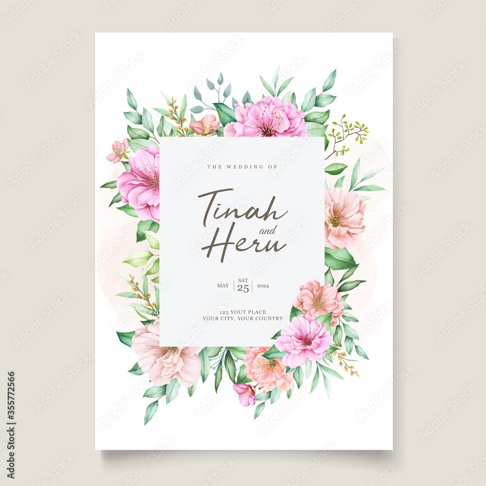 Elegant wedding card with beautiful floral and leaves template