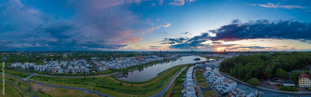 Panoramic sunset drone landscapes of Phoenix lake in Dortmund