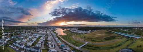 Panoramic sunset drone landscapes of Phoenix lake in Dortmund