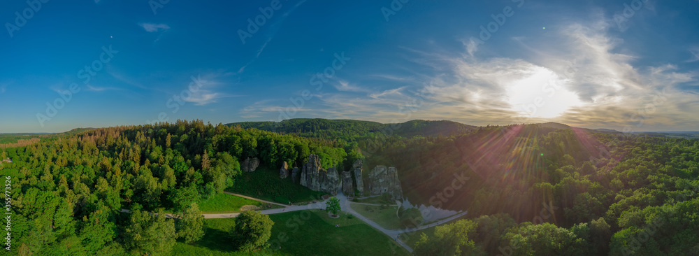 Panoramic sunset drone landscapes of Externsteine Mountain in Germany