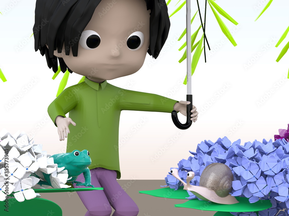 にらみ合うカエルとカタツムリ 柳とアジサイと傘をさす子供 Stock Illustration Adobe Stock