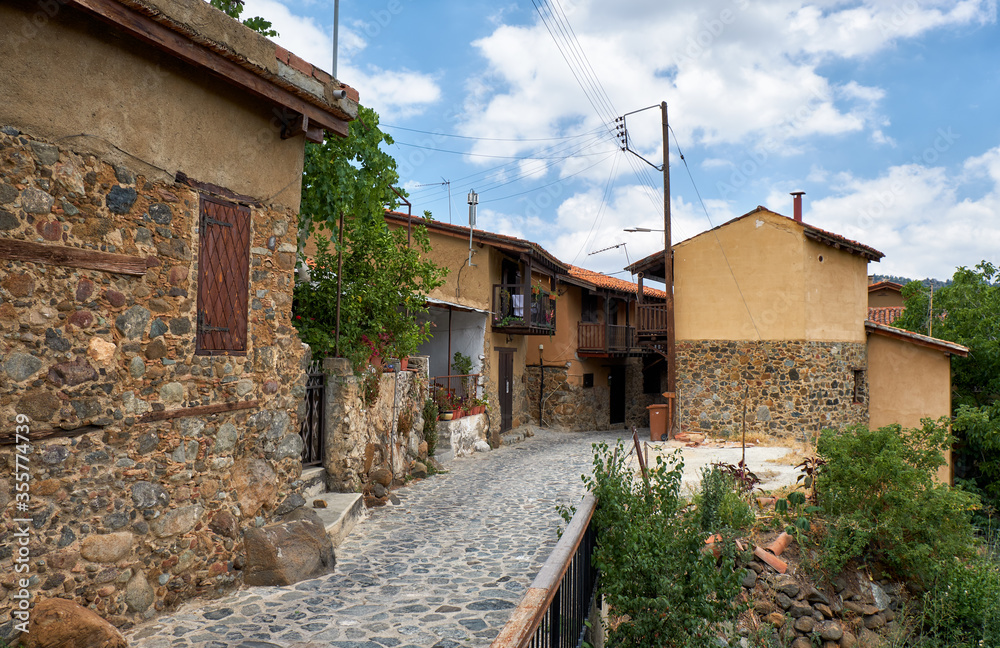 The narrow mediaeval street of old Kakopetria. Nicosia District. Cyprus