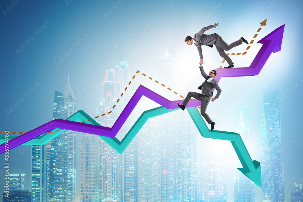 Businessman saving competitor during the crisis Businessman saving competitor during the crisis