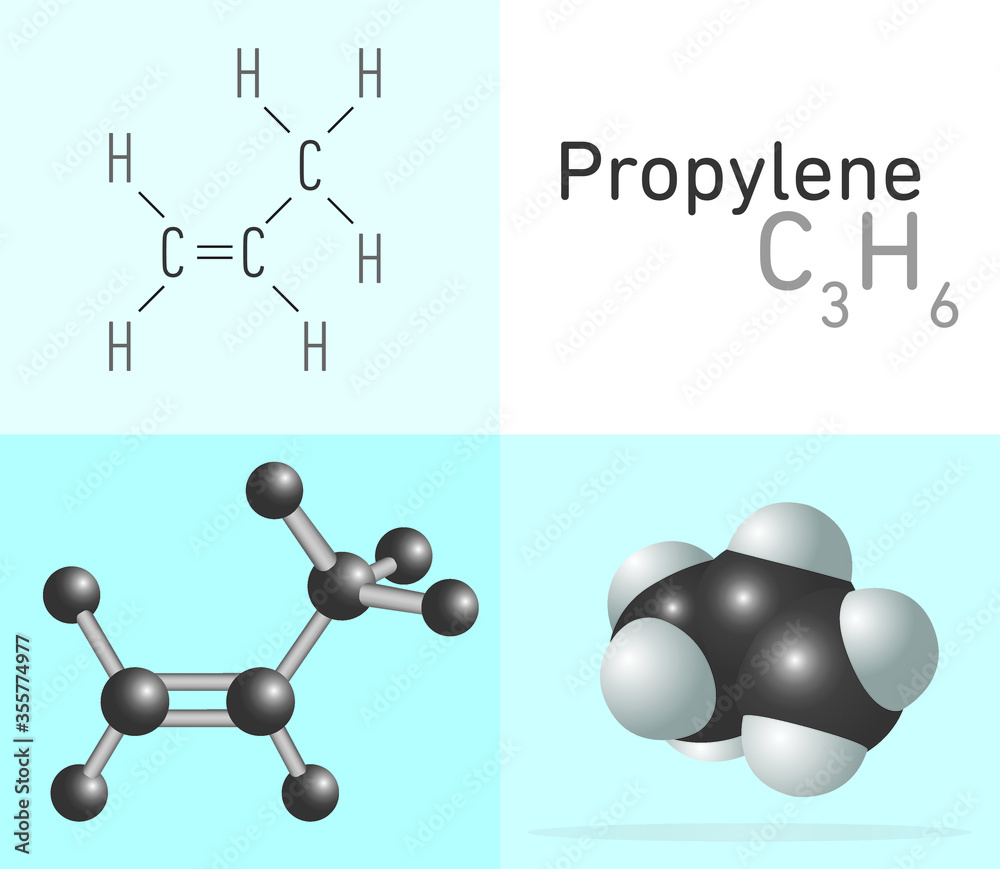 Vetor de Propylene, Propene (C3H6) gas molecule. Two different molecule ...