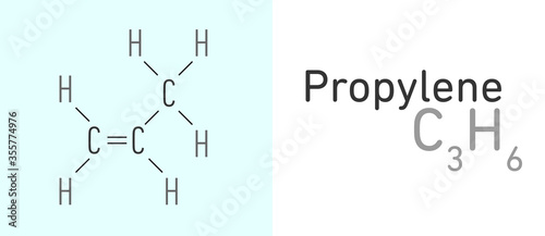 Propylene, Propene (C3H6) gas molecule.Stick model. Structural Chemical Formula. Chemistry Education