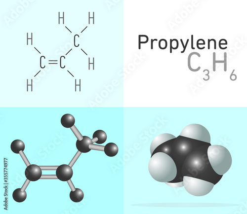 Propylene, Propene (C3H6) gas molecule. Two 
different molecule model and chemical formula. Ball, stick and Space filling model. Structural Chemical Formula and Molecule Model. Chemistry Education