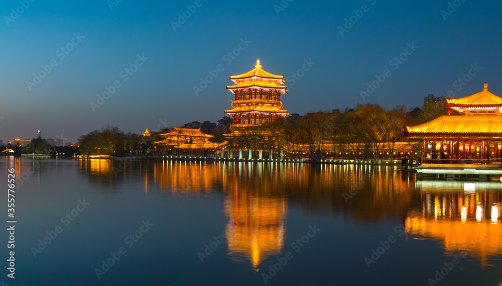 Tang Dynasty architecture at night view of Datang Furong Garden in Xi'an, Shaanxi Province, China