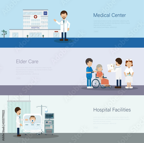 Set of medical banners with doctors and patients flat design vector illustration