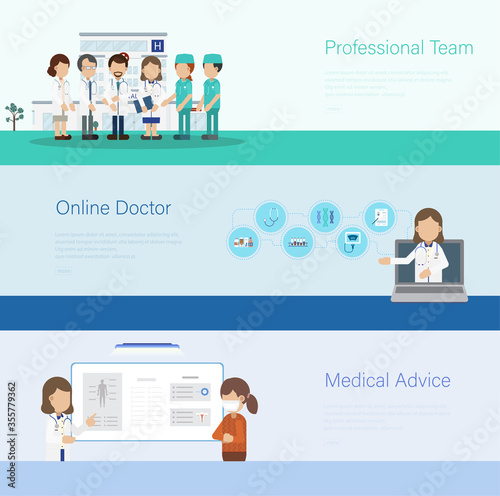 Set of medical banners with doctors and patients flat design vector illustration © phonlamaiphoto
