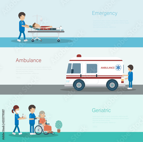 Set of medical banners with nurses and patients flat design vector illustration