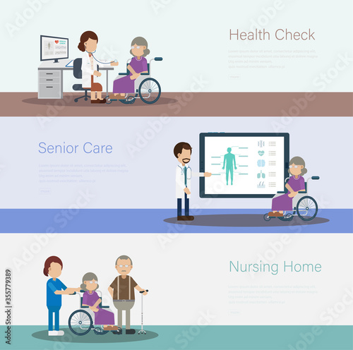 Set of medical banners with doctor and senior patient flat design vector illustration