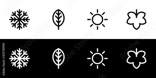 Four seasons icon set. Flat design symbol collection isolated on black and white background. Winter, spring, summer, and autumn.