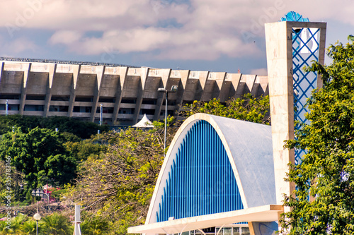 Pampulha Church and Mineirão Stadium in Pampulha Modern Ensemble Lagoon in Belo Horizonte, Minas Gerais State, Brazil