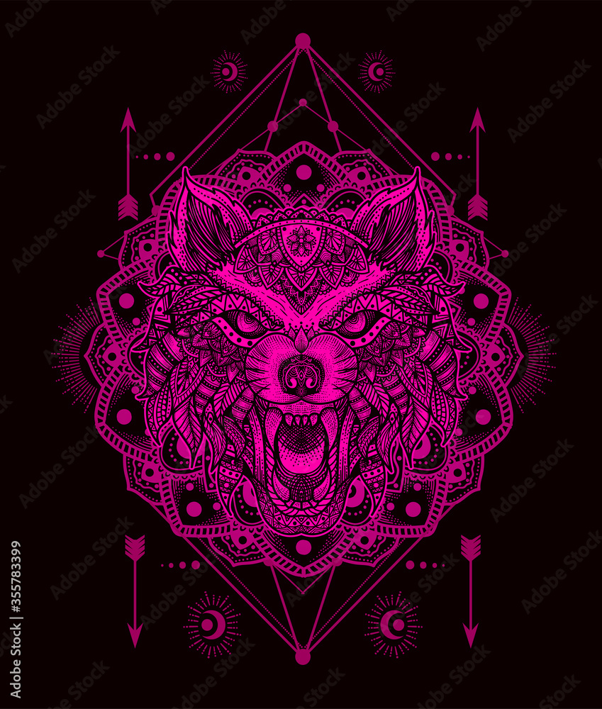 isolated wolf head mandala tribal style with sacred geometry pattern-vector illustration art. isolated wolf head mandala tribal style with sacred geometry pattern-vector illustration art.