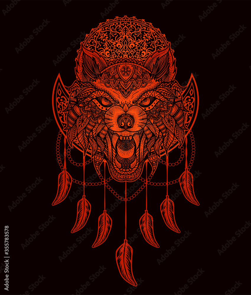 Fototapeta premium isolated wolf head mandala tribal style with sacred geometry pattern-vector illustration art.