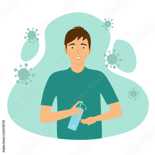 Man use alcohol hand gel to clean hands and prevent Covid19 coronavirus disease and germs. Health care concept vector illustration.