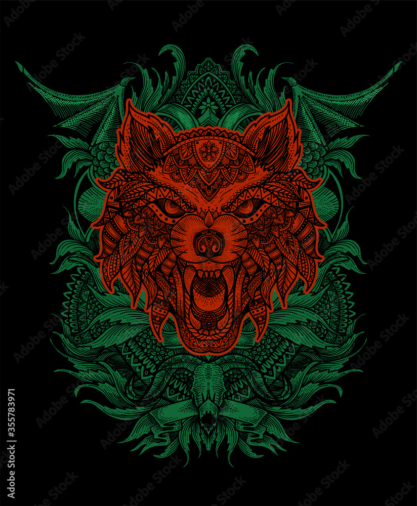 Fototapeta premium illustration vector wolf head mandala tribal style with engraving vintage.