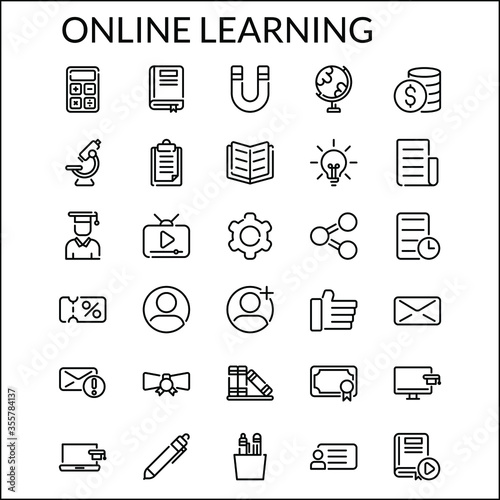 Simple Online Learning Line Style Contain Such Icon as Calculator, Magnet, Globe, Microscope, Student, Idea, Letter, Like, Share, Graduation, Presentation, Library and more. 64 x 64 Pixel Perfect
