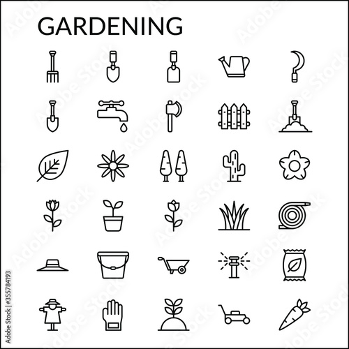 Simple Gardening Line Style Contain Such Icon as Environment, Plant, Flower, Axe, Fences, Trees, Tools, Shovel, Dig, Grass, Trolley, Watering  Can, Cactus, Sprinkler, and more. 64 x 64 Pixel Perfect