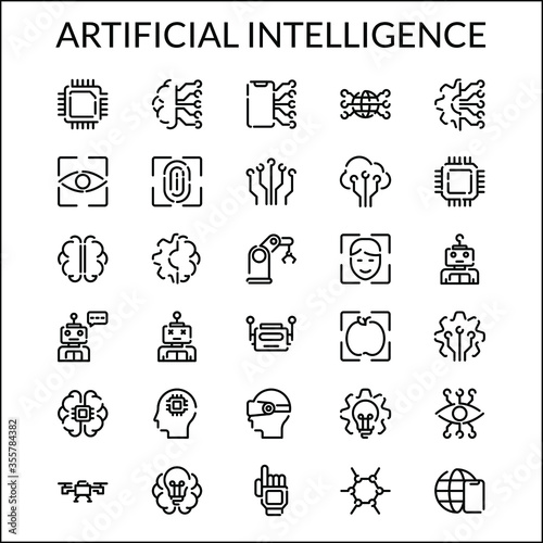 Simple Artificial Intelligence Line Style Contain Such Icon as Brain, Gear, Internet, Modern, Facial Recognition, Robots, Robotic, Mechanics, Biometric, Fingerprint   and more. 64 x 64 Pixel Perfect