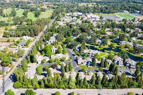 Top down aerial view of urban houses and streets in a residential area of a Sonoma California United States
