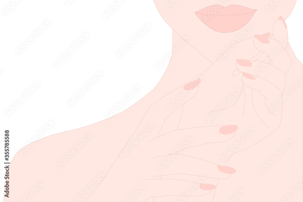 The beautiful girl who has a beauty skin is showing her pink manicure nalis. She is using a pink lipstick for her makeup. Cosmetic, spa, salon business advertisement. The beautiful girl who has a beauty skin is showing her pink manicure nalis. She is using a pink lipstick for her makeup. Cosmetic, spa, salon business advertisement.