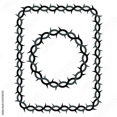 Spiked wicker circle frame and rectangle isolated. Crown of thorns