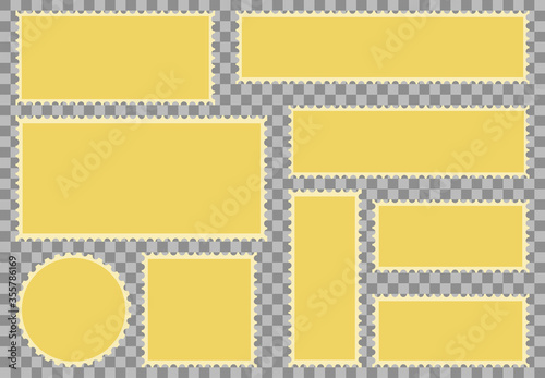 blank postage stamps frame, toothed border mailing postal sticker template vector illustration, isolated gold dark
