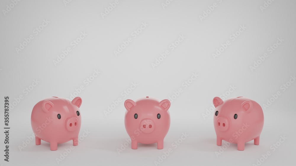 3d Realistic Render Piggy bank, Coin stack and house Closeup Isolated on White Background.