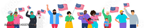 happy multiracial people holding american flags happy independence day usa vector illustration on white background