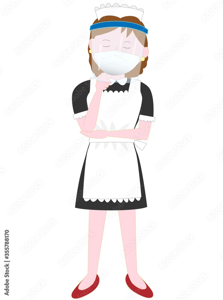 新型コロナウイルスの感染予防のフェイスシールドをつけて仕事をしているメイドのポーズ。