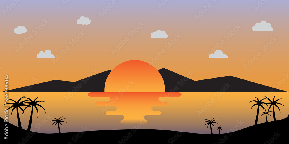 Sunset or sunrise in ocean, nature landscape background. Vector flat style.