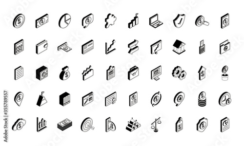 Money and financial isometric line style icon set vector design