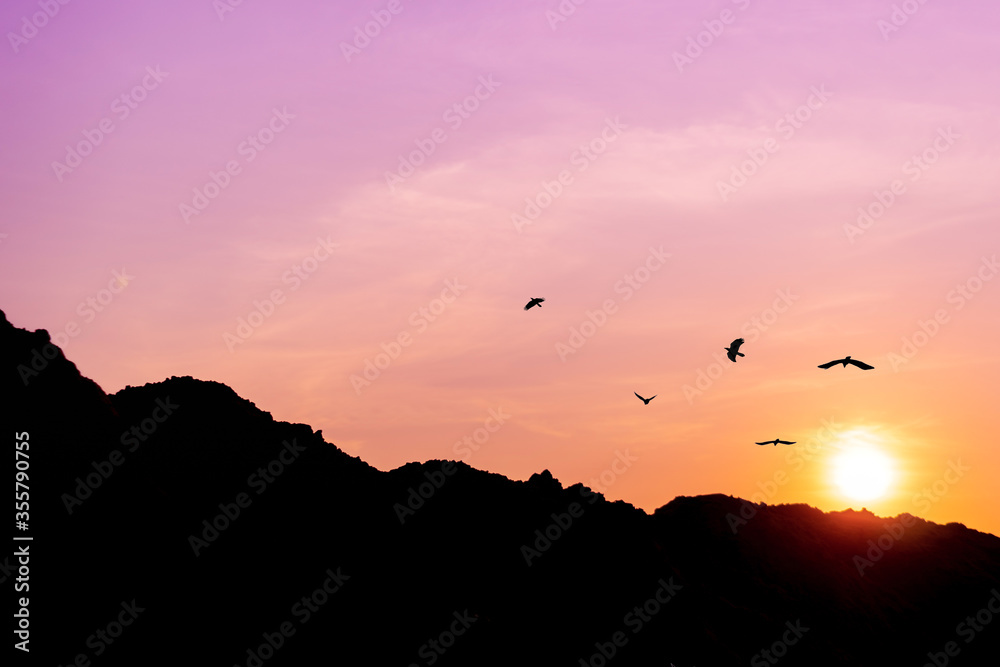 Mountain scenery view with twilight sky beautiful magenta color tone theme sunset and sunrise.